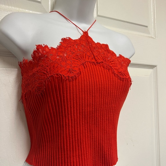 Zara Red Intense Lace Ribbed Cropped Top - Picture 9 of 10